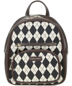 David Jones Argyle Pattern PU Leather Backpack 6891-3 COFFEE